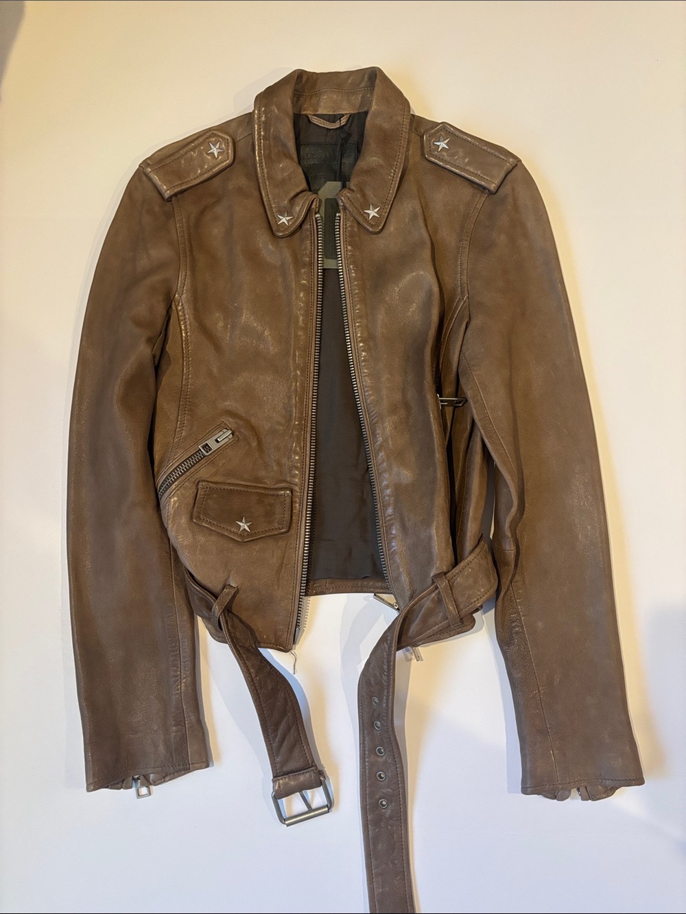 All Saints Brown Leather Belted Moto Jacket